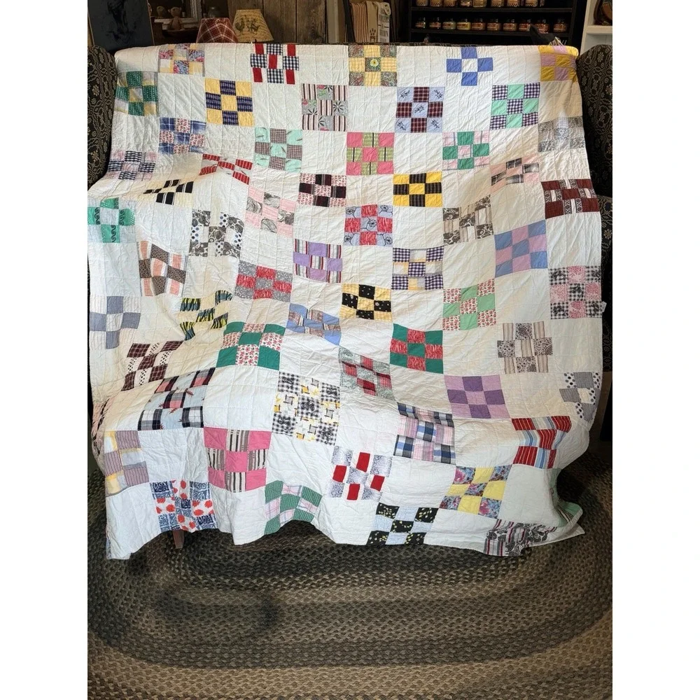 Early Antique Quilt  Nine Patch Hand Stitched 76